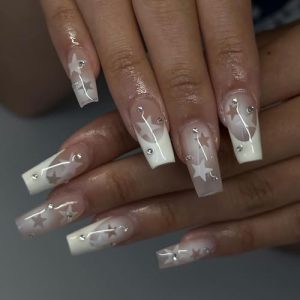 Y2K Press on Nails Long Coffin MABKJLF French Tip Fake Nails Nude Full Cover White Star False Nails with Designs Gradient Acrylic Nails Rhinestone Glossy Glue on Nails for Women Girls 24Pcs