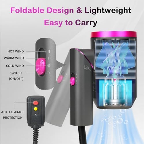 1850W Ionic Foldable Travel Hair Dryer with Diffuser for Thick Curly Hair - Image 4