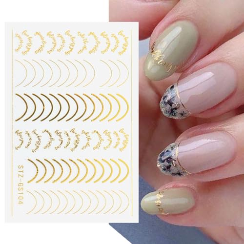 French Tips Nail Art Stickers - 3D Simple Lines Nail Stickers 6PCS Golden Rose Silver Curve Stripe Line Design French Nail Decals Self-Adhesive Nail Art Supplies Swirl Gel Nail Sliders for Women Girls - Image 3