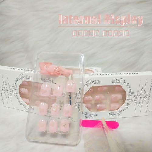 24 Pcs Valentine's Day Press on Nails, 3D Rhinestones Full Cover Acrylic Nails Glossy Pink Fake Nails with Love Heart Designs, Short Coffin Shape False Nails with Glue Stick on Artificial Fingernails - Image 5