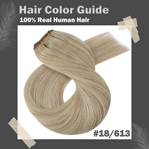 Moresoo Sew in Hair Extensions Blonde Highlight Remy Weft Hair Extensions Human Hair Ash Blonde with Blonde Highlight Double Weft Sew in Weft Extensions Human Hair 14Inch 100G - Image 8