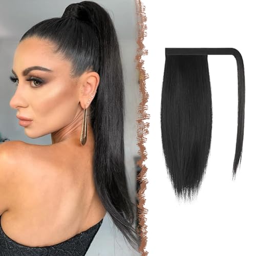 FESHFEN Straight Ponytail Extension 14 inch Natural Long Ponytails Wrap Around Clip in Pony Tail Hair Piece Synthetic Hairpieces for Women Girls, Natural Black
