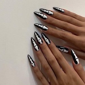 Halloween Press on Nails Long Fake Nails Terror Gothic Bone Stick on Nails Full Cover Black White Acrylic Nails Party Cool Artificial Nails Stiletto False Nails for Women Girls Nail Decorations 24pcs