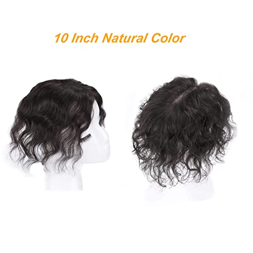 Fully Hand Woven Mono Base Wavy Human Hair Topper 12" Natural Curly Hairpiece 7x10cm Free Part Small Area Top Hair Piece Clip in Topper Hair Extensions for Women Cover Thinning Hair Natural Color - Image 3