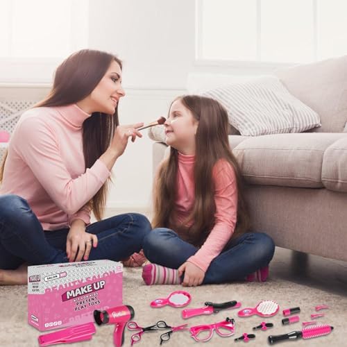 Pretend Play Make Up | Kids Makeup Vanity Set | Hair Salon Girls Toys | Styling Toy Set for Girls with Realistic Blow Dryer, Hair Straightener Barber Apron Sunglass Clip - Image 5