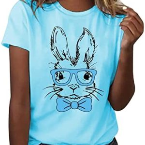 Womens Easter Shirts Loose Fit Cute Short Sleeve T-Shirts Easter Bunny Rabbit Print Graphic Tee Tops