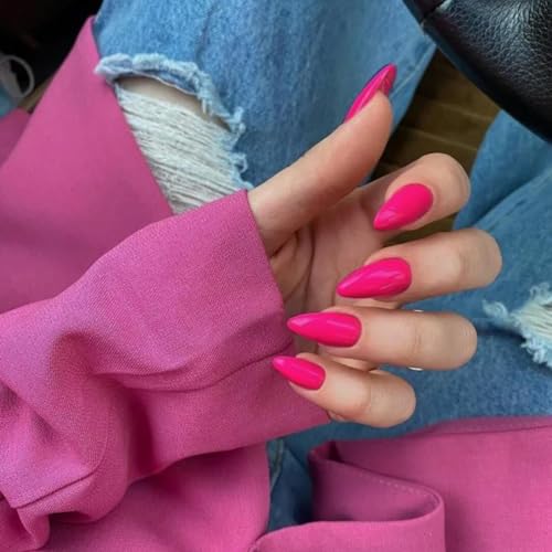 KQueenest Hot Pink Press on Nails Medium Stiletto Almond, Pure Color Acrylic Nails Set Reusable Medium Fake Nails Press ons with Feature for Women in 24PCS - Image 3