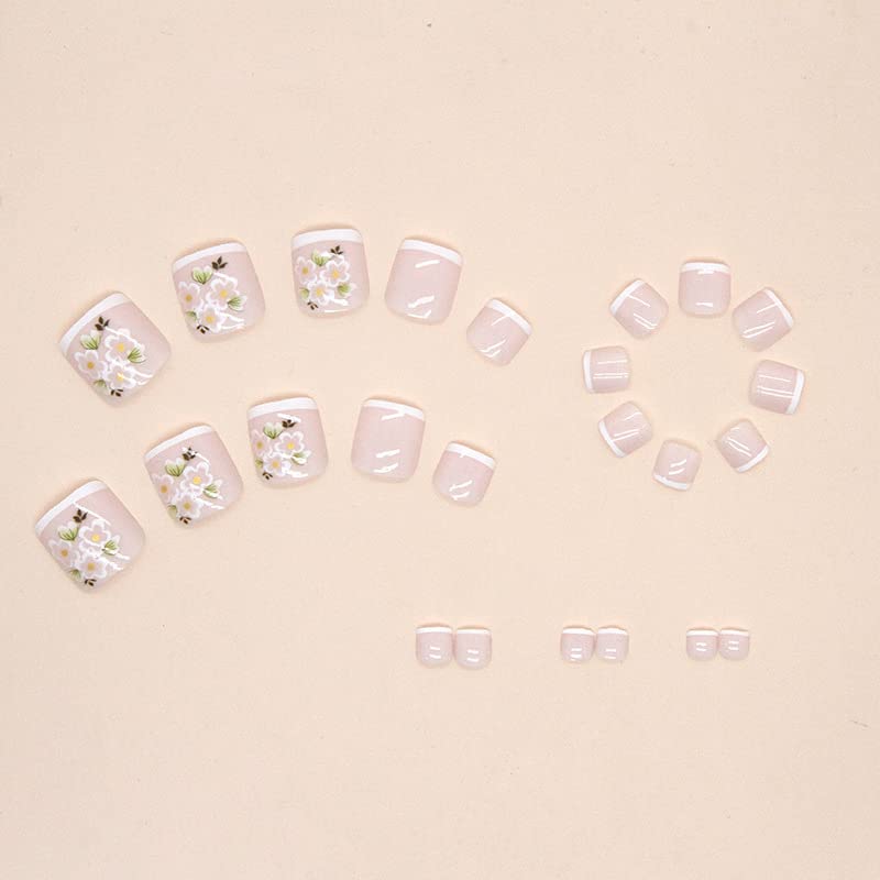 French Tip Press on Toenails Short Square Fake Toe Nails, Spring Press on Toenails with Flower Designs Acrylic Toe Nails Glossy Toe Nail Tips Glue on Toenails for Women Girls 24Pcs - Image 4