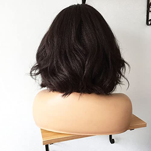 10inch Short Yaki Wavy Bob Human Hair Wig with Bangs 180% Density Short Cut Scalp Wig None Lace Italian Yaki Human Hair Wigs Glueless Wavy Black Bob Bangs Scalp Top Human Hair for Women - Image 5