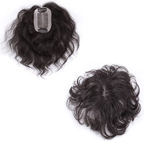 Fully Hand Woven Mono Base Wavy Human Hair Topper 12" Natural Curly Hairpiece 7x10cm Free Part Small Area Top Hair Piece Clip in Topper Hair Extensions for Women Cover Thinning Hair Natural Color - Image 2