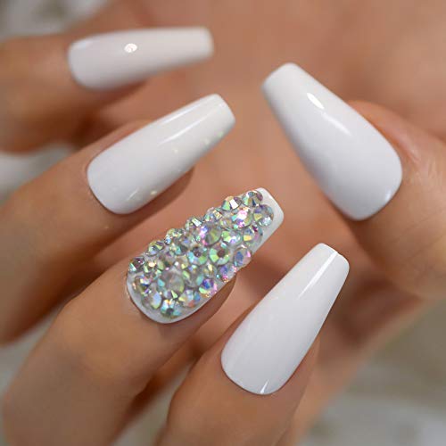 Long Glossy White AB Rhinestones Diamond Dรฉcor Tips Shiny Ballerina Fake Art Nails Coffin Salon False Nails - Image 4