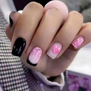 Valentines Day Press On Nails Short Square, 24Pcs Pink Heart Fake Nails Sweet Pink Mermaid Sequins Heart Black French Tips Designs Acrylic Nails for Women Girls (Pink Heart Sequins Short Square)