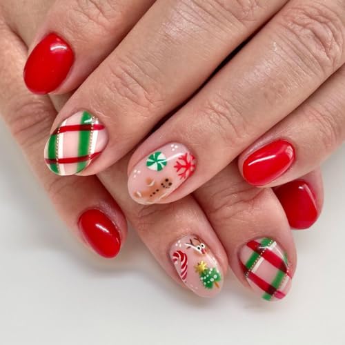 Christmas Press on Nails Short Oval Fake Nails Cute Elk Snowflake Full Cover Acrylic Nails False Nails with Designs Winter Xmas Nail Art Decorations for Women Girls Manicure Tips 24Pcs