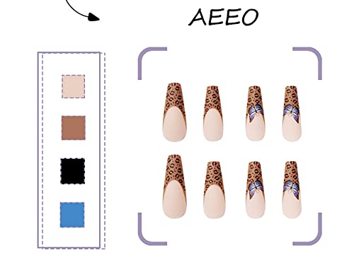 Aeeo Leopard Press on Nails Blue Butterfly Fake Nails Extra Long False Nails with Design French Tip Acrylic Nails Matte Manicure Stick on Nails for Women - Image 2