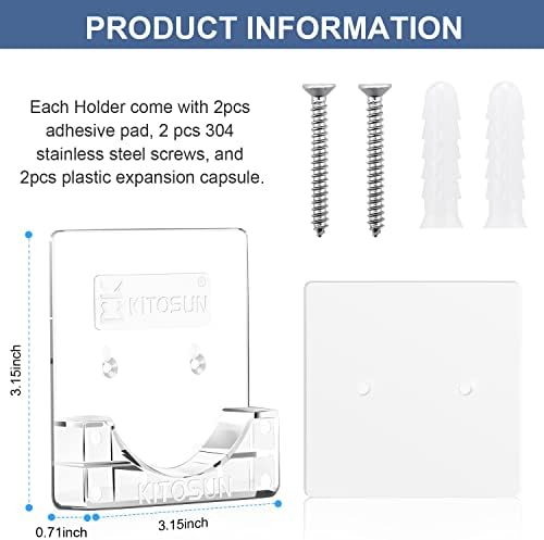 Adhesive Shower Curtain Rod Holder – Kitosun Wall Mount Bathroom Tension Pole Retainer Brackets with Sticky Tape for Quick Stick on and Stainless Steel Screws for Drilling Installation (Transparent) - Image 4