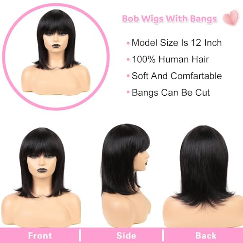 12INC Short Bob Wig with Bangs Human Hair Bob with Bangs Wig Human Hair 150% Density bob's wigs human hair For Women (12 Inch Natural Black) - Image 2