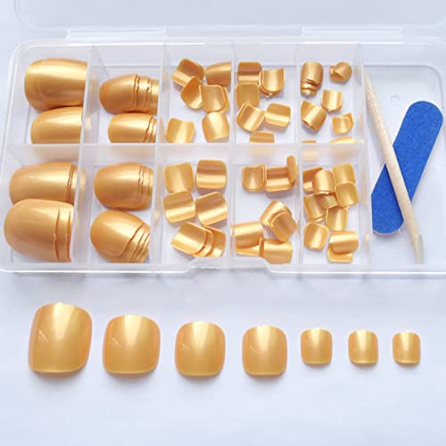 Press on Toenails 120pcs Short Square Fake Toenails Full Cover Gold Glossy Acrylic False Toe Nails Tips with 5 Sheets Adhesive Glue Tabs for Women and Girls Foot Decor - Image 3