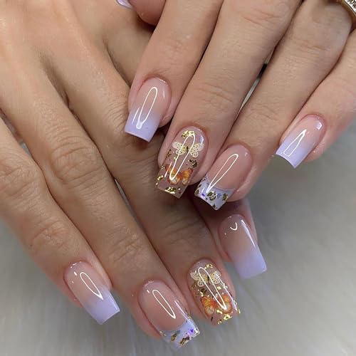 Medium Square French Tip Press on Nails - Purple Gradient with Gold Foil - 24 Piece Set