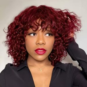 99J Burgundy Short Curly Human Hair Wig Glueless 150% Density with Bangs