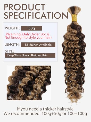 Ombre Braiding Hair 1 Bundle 50g 18 Inch P4/27 Human Braiding Hair Deep Wave Honey Blonde Braiding Hair Highlight Water Wave Bulk Human Hair 100% 10A Brazilian Brown Bariding Hair for Boho Braids - Image 5