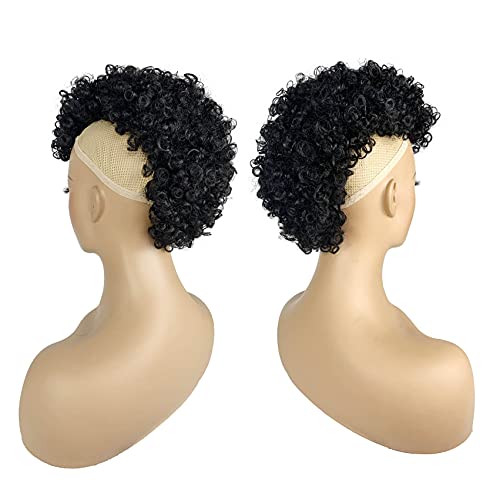 Afro Puff Mohawk Ponytail Jerry Curly Non Drawstring Ponytail Clip in Synthetic Fauxhawks Afro Puff Bun with Bangs Short Afro Kinky Curly Hair Bun Warp Hair Extensions with 6 BB Clips 1B - Image 4