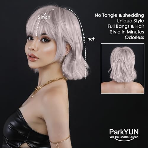 Short Straight Silver Wigs for Women - 12 inch Synthetic Layered Emo Wig with Bangs, 150% Glueless & Heat Resistant Wig with Blunt Cut Ending for Girls Daily Party Costume - Image 2