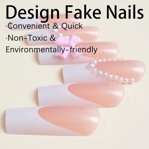 24Pcs Long Square White French Tip Press On Nails with Bow Pearl Design, Reusable Acrylic Full Cover False Nails - Image 3