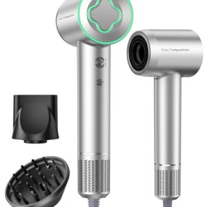 Hair Dryer - 150000 RPM High-Speed Brushless Motor Negative Ionic Blow Dryer for Fast Drying, Low Noise Thermo-Control Hair Dryer with Diffuser and Nozzle, Silvery