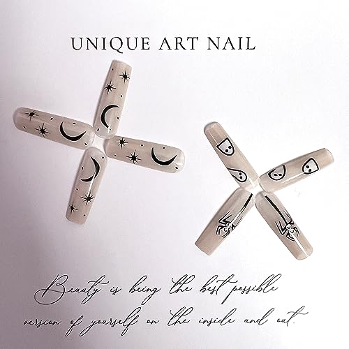 Extra Long Press on Nails Halloween Fake Nails Full Cover Square Shaped False Nails with Ghost Spider Moon Halloween Designs Glossy Silver Glitters Acrylic Nails Halloween Glue on Nails for Women - Image 5