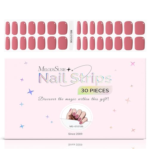 MelodySusie Semi Cured Gel Nail Strips, Rose Pink- Works with Any Nail Lamps, Salon-Quality, Long Lasting, Easy to Apply - Includes 30Pcs, Free 5D Stickers, 2 Prep Pads, Nail File & Wooden Stick
