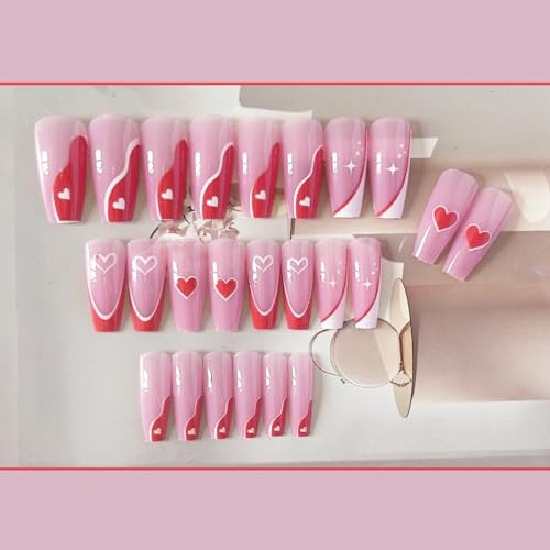 Valentine's Day Press on Nails Medium Length - French Tip Press on Nails Red Heart Deigns Glossy Pink Fake Nails with Square Valentine's Acrylic Nails Full Cover False Nails for Women and Girls 24 Pcs - Image 3