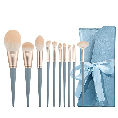 Makeup Brushes Set, 10pcs Professional Make up brush set, Synthetic Foundation Powder Concealer Blending Blush Eyeshadow Eyelid Eyebrow Travel Makeup Brush Set with Cosmetic Bag (Blue)