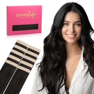 WENNALIFE Tape in Hair Extensions Human Hair Natural Black Tape in Extensions, 10pcs 30g 20 inch Remy Invisible Tape Ins Straight Colored Soft Real Human Hair Tape in Extensions Refill Set Extensions