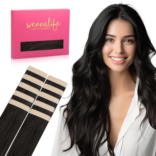 WENNALIFE Tape in Hair Extensions Human Hair Natural Black Tape in Extensions, 10pcs 30g 20 inch Remy Invisible Tape Ins Straight Colored Soft Real Human Hair Tape in Extensions Refill Set Extensions