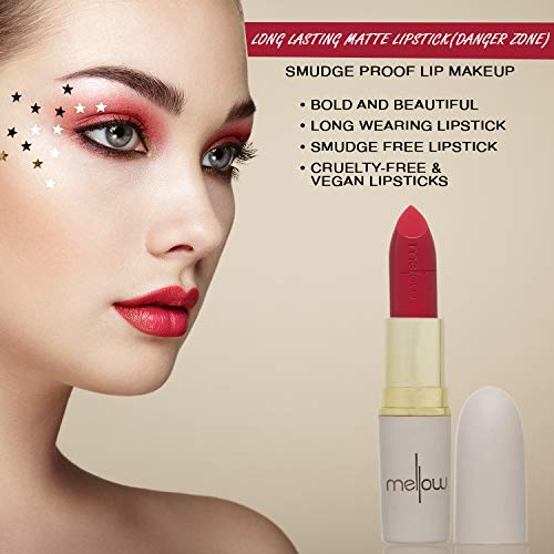 Mellow Long Lasting Matte Lipstick (Danger Zone) - Smudge Proof, Moisturizing, Non Sticky Lip Stick - Glides Smoothly - Vegan, Cruelty Free & Paraben Free - Lip Makeup Cosmetics - Danger Zone - Image 4