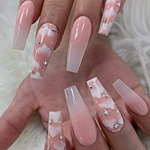 Coffin Extra Long Press on Nails French Nude Fake Nails Flower Ballerina Glossy Leopard 3D Butterfly Full Cover False Nails Long Acrylic Nail Tips for Women and Girls 24pcs (Style F)