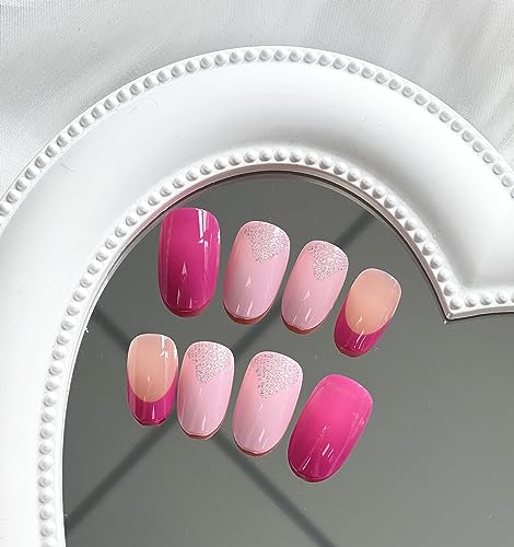 Hot Pink Press on Nails Short Round MABKJLF French Tip Fake Nails Full Cover Glitter Pink Swirl False Nails with Designs Glossy Glue on Nails Acrylic Nails Artificial Nails for Women Girls 24 Pcs - Image 4