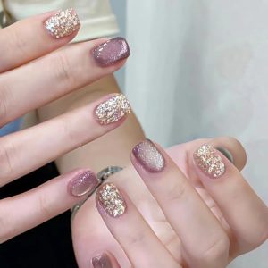 24 Pcs Purple Cat's Eye Press on Nails Short Square - SHANRUN Fake Nails Press ons French Nail Art Tips Glue on Nails Full Cover False Nails with Gold Sequins Glitter Design Stick on Nail Acrylic Kit