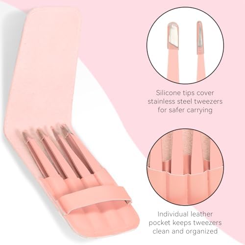 4 Pack Tweezers Set - Professional Stainless Steel Tweezers for Men and Women, Precision Eyebrow Tweezers for Facial Hair, Chin, and Ingrown Hair Removal (Pink) - Image 4