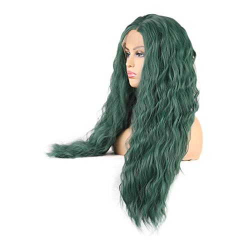 WeiSha Dark Green Wig For Women Long Wavy Synthetic Lace Front Wig Beach Wave With Natural Hairline Side Parting 13x4 Frontal Lace Wig Heat Friendly Fiber Viridian Green Wig 150% Density (24 Inches) - Image 3