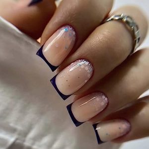 Short Square False Nails black French Press on Nails Cute Bling Nails Tips Acrylic nude Fake Nails for Women and Girls 24Pcs