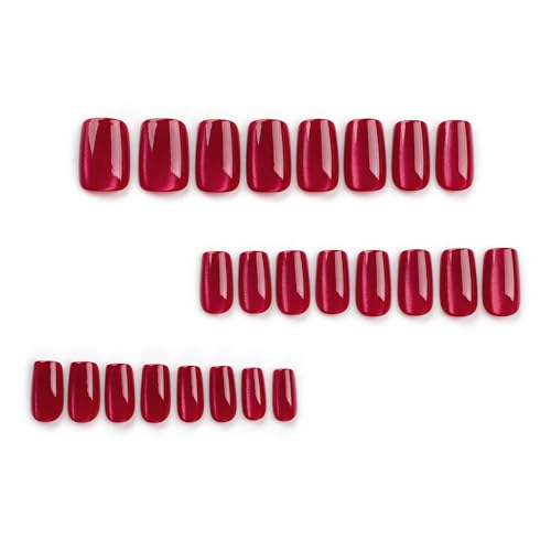 Press on Nails Medium Square Red Cat Eye Acrylic Fake Nails with Design Glue on Glossy Full Cover Artificial Gel False Stick on Nail for Girls Women Wedding Manicure Gifts 24Pcs - Image 2