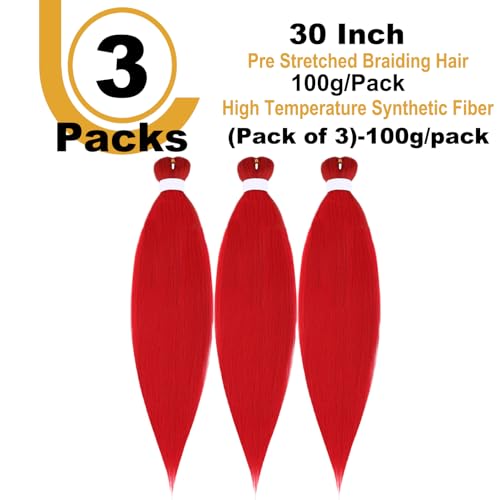 3 Packs 30 Inch Pre Stretched Braiding Hair High Temperature Synthetic Fiber Pre Stretched Ombre Braiding Hair Hot Water Setting For Crochet Twist Braids (30 Inch (Pack of 3), red) - Image 2