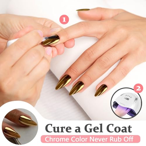 Gold Chrome Press on Nails Medium Almond,KQueenest Mirror Metal Stiletto Fake Acrylic Nails with Bling Design,Glue on Nails for Daily Party Wear,False Nails Press ons in24 PCS - Image 4