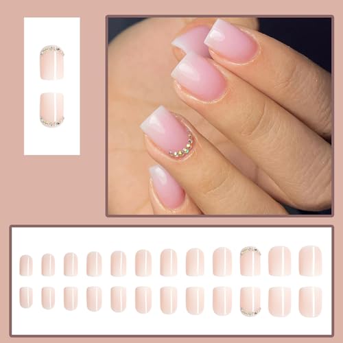 24 Pcs/Set Ombre Pink Press on Nails Short Square - SHANRUN Spring Rhinestones Fake Nails French Glossy Gel X Nail Tips Full Cover Acrylic Nails Press ons with Nail File Stick Jelly Glue on Nails Kit - Image 2