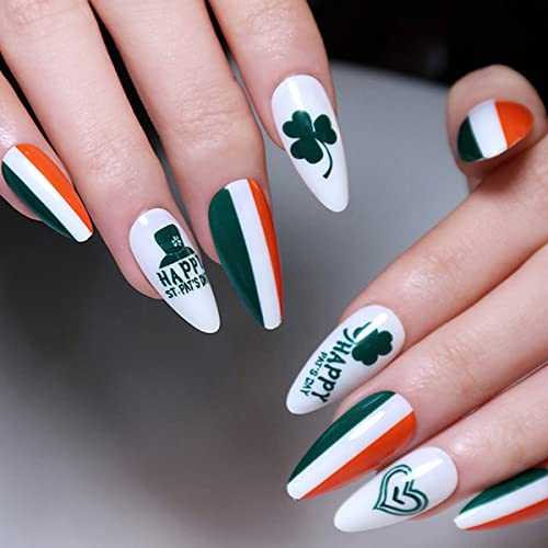 St. Patrick's Day Press on Nails Short Almond, Fake Nails for St. Patrick's Day Gift, False Nail Kits with Lucky Clover Shamrocks Irish Leprechaun Design Fake Nails Gel Stick on Nails Sets for Women - Image 4