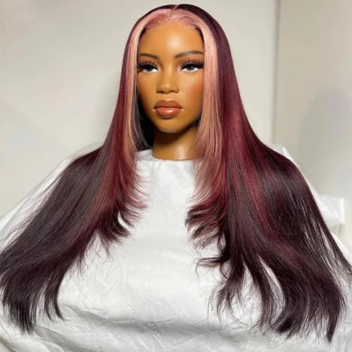 Highlight Ombre Human Hair Wigs Pink Skunk Stripe Wig Human Hair 99J Red Colored 4x4 Lace Closure Wig Straight Texture Transparent HD Pre Plucked (18 Inch) - Image 3