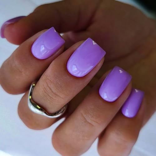 Purple Press on Nails Short Square,EIOAUY Fake Nails Full Cover False Nails Short Stick on Nails,Acrylic Nails Press ons,Glossy Artificial Nails Glue on Nails for Women Girls 24 Pcs