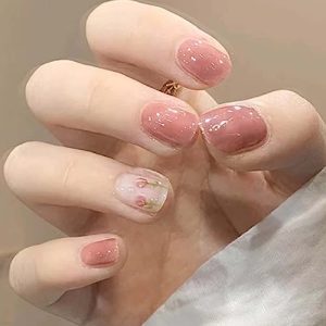 Cute Fake Nails Short Square Press on Nails Acrylic Roses Nails Tips Full Cover False Nails Pink for Women and Girls 24Pcs