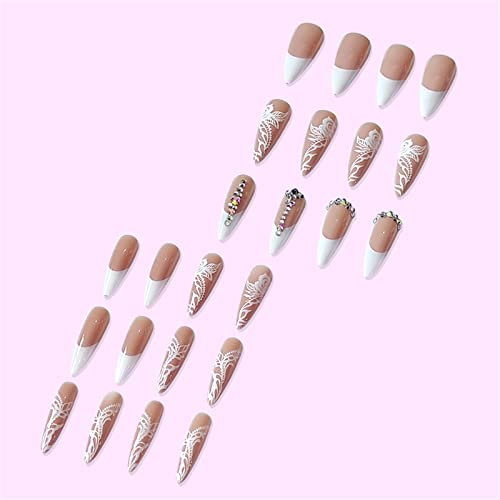 VOTACOS Press on Nails Long Stiletto Fake Nails Nude False Nails with White Rose Design Glitter Full Cover Stick on Nails for Women… - Image 5